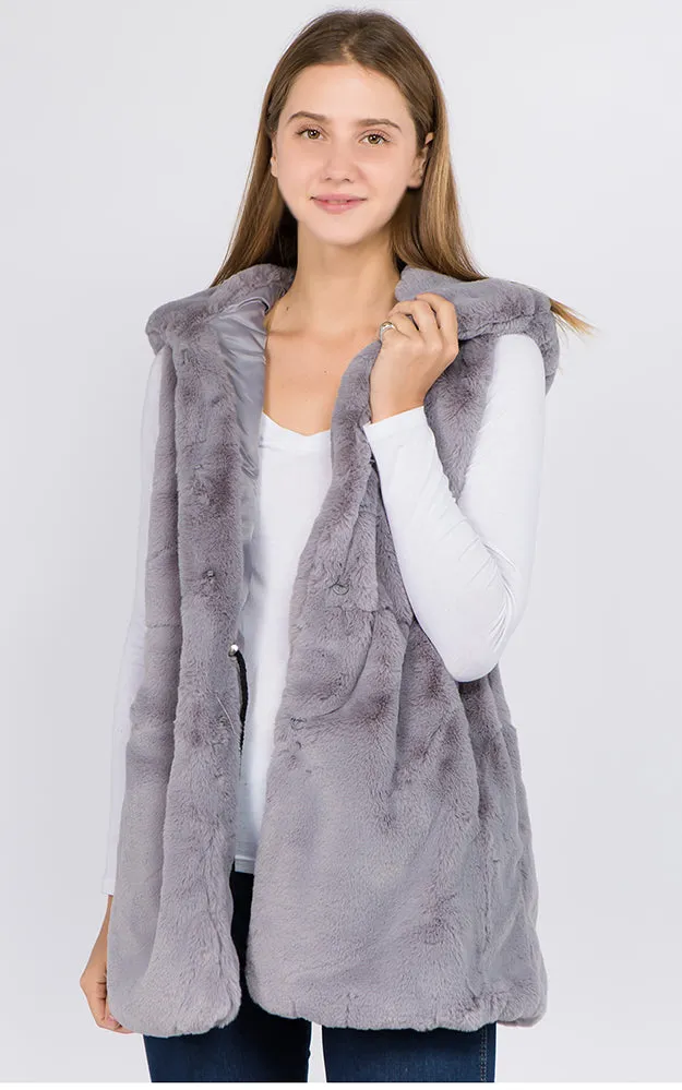 VP8482 Faux Fur Solid Pocket Vest With Hood