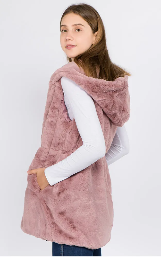 VP8482 Faux Fur Solid Pocket Vest With Hood