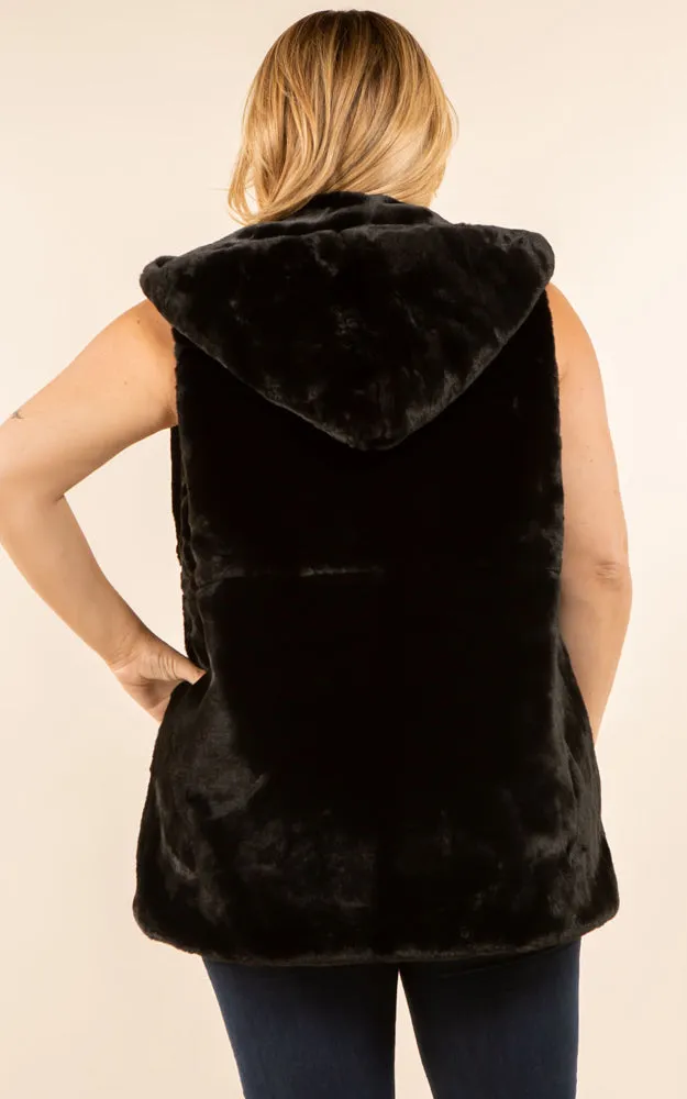 VP8482P Plus Size Faux Fur Solid Pocket Vest With Hood
