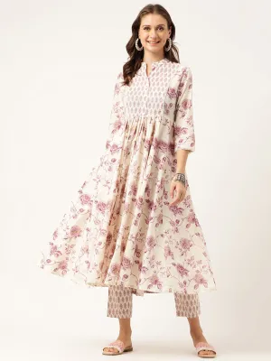White Purple Floral Cotton Flared Kurta With Pant Set
