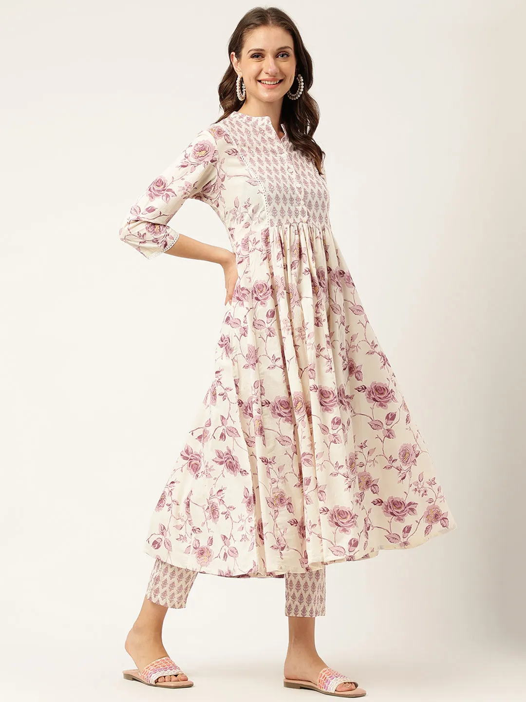 White Purple Floral Cotton Flared Kurta With Pant Set