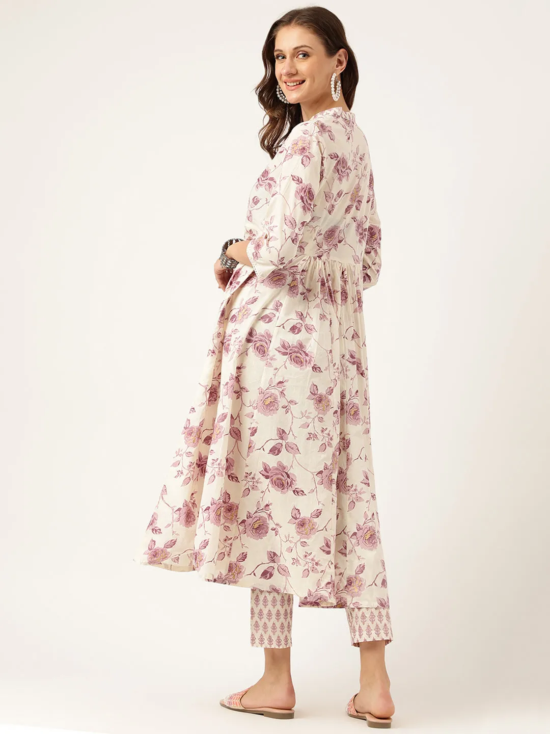 White Purple Floral Cotton Flared Kurta With Pant Set