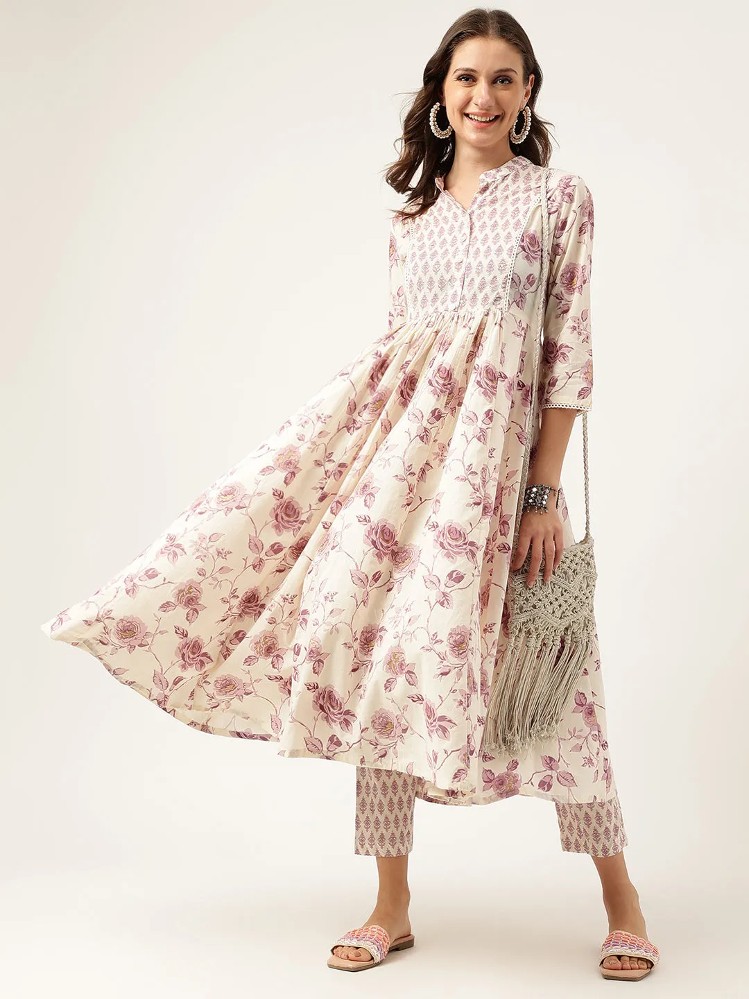 White Purple Floral Cotton Flared Kurta With Pant Set