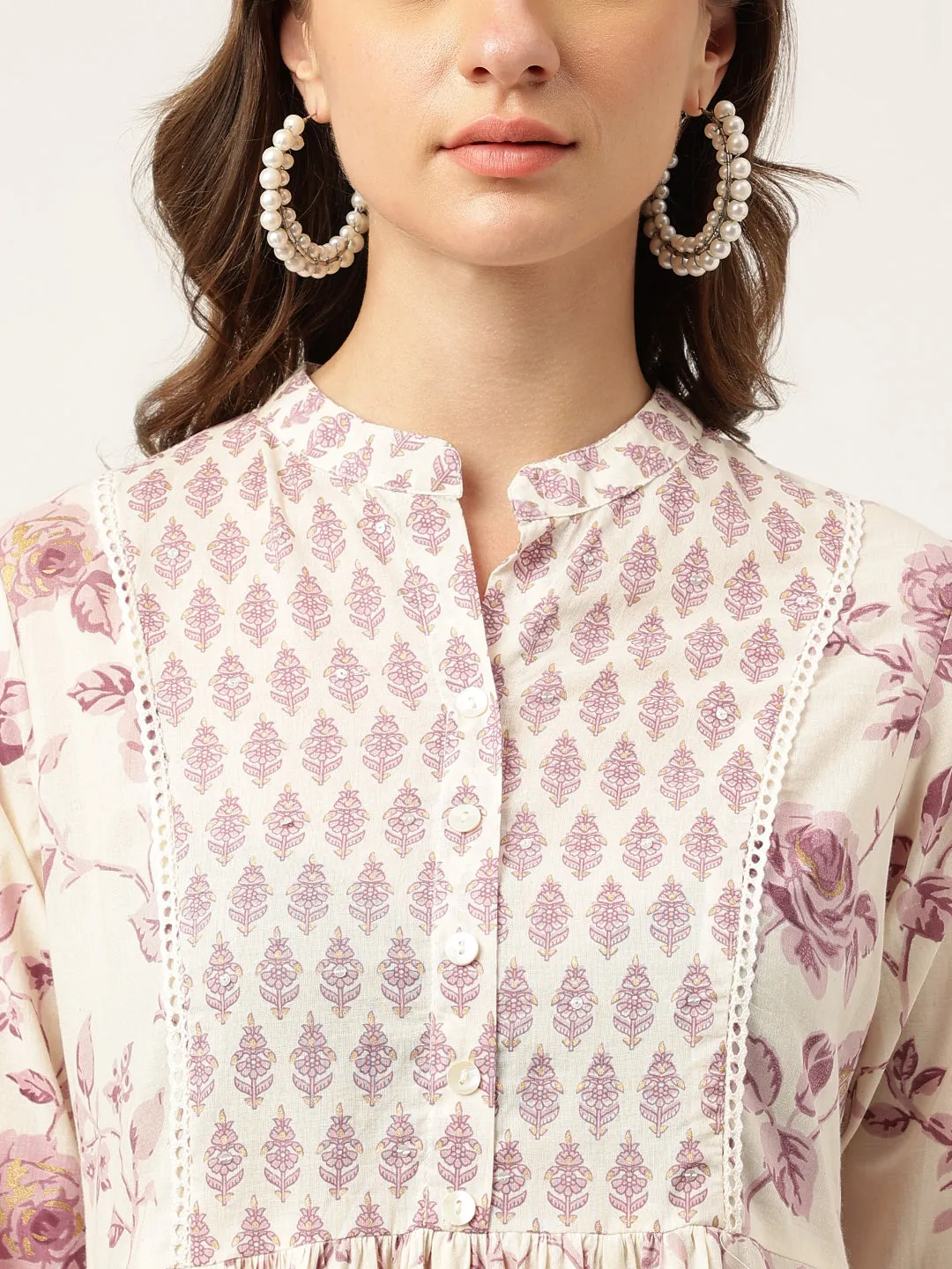 White Purple Floral Cotton Flared Kurta With Pant Set