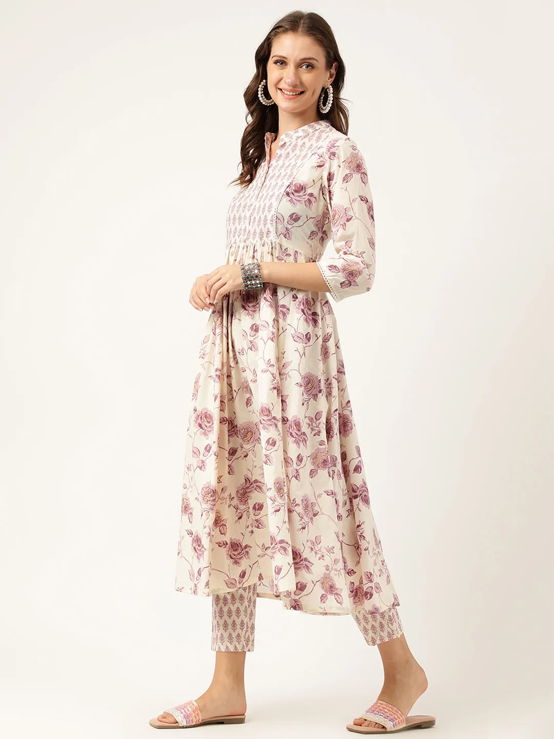 White Purple Floral Cotton Flared Kurta With Pant Set
