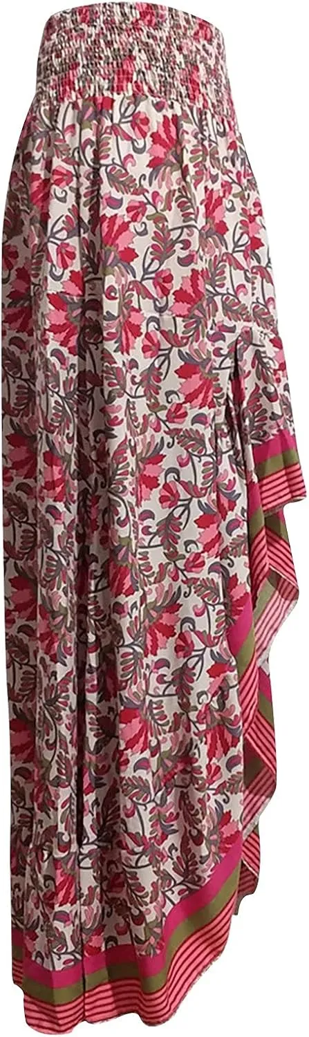 Women's Floral Skirt High Waist Long Skirt Vintage Irregular Tiered Midi Skirts A-Line Long Casual Asymmetrical