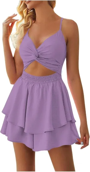 Women's Jumpsuit Sexy Neck Spaghetti Straps Double Layer Ruffle Hem Mini Short Romper Womens Summer Dresses with