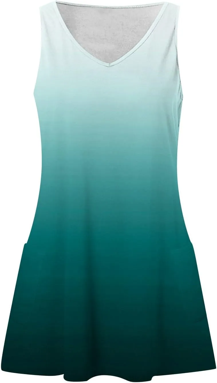 Womens Summer Dresses 2024 T-Shirts Dress Loose V Neck Sleeveless Tank Dresses Sundresses Floral/Plain