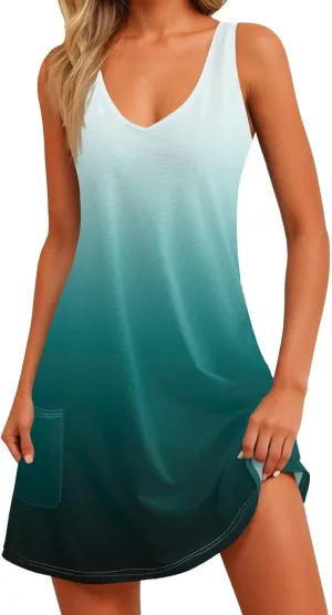 Womens Summer Dresses 2024 T-Shirts Dress Loose V Neck Sleeveless Tank Dresses Sundresses Floral/Plain