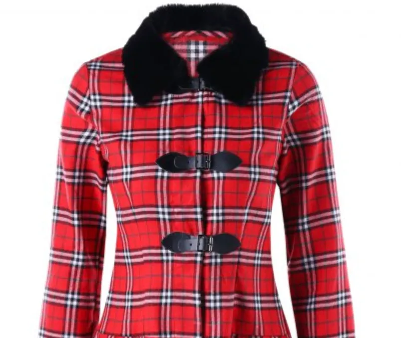 Womens Tartan Coat  Skirted Style with Faux Fur Collar