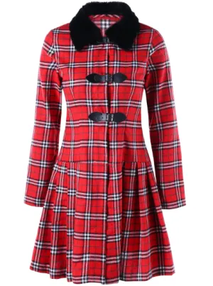 Womens Tartan Coat  Skirted Style with Faux Fur Collar