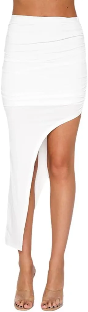 Wuitrie Midi Skirt for Women Sexy Irregular Cut Pleated Pencil Skirt 2025 Trendy Causal Slim Wrap Hip Skirts