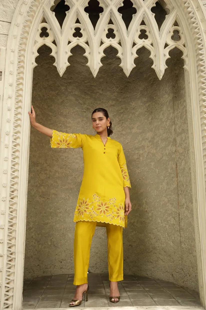 YELLOW SILK EMBROIDERED CO-ORD SET