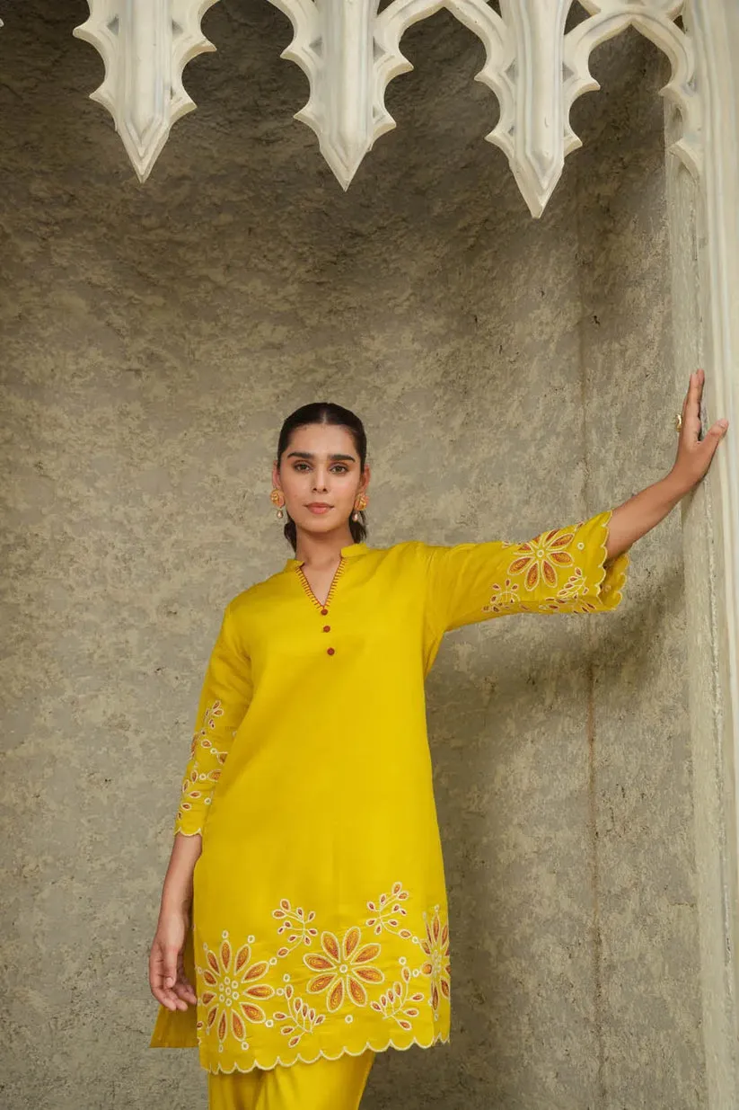 YELLOW SILK EMBROIDERED CO-ORD SET
