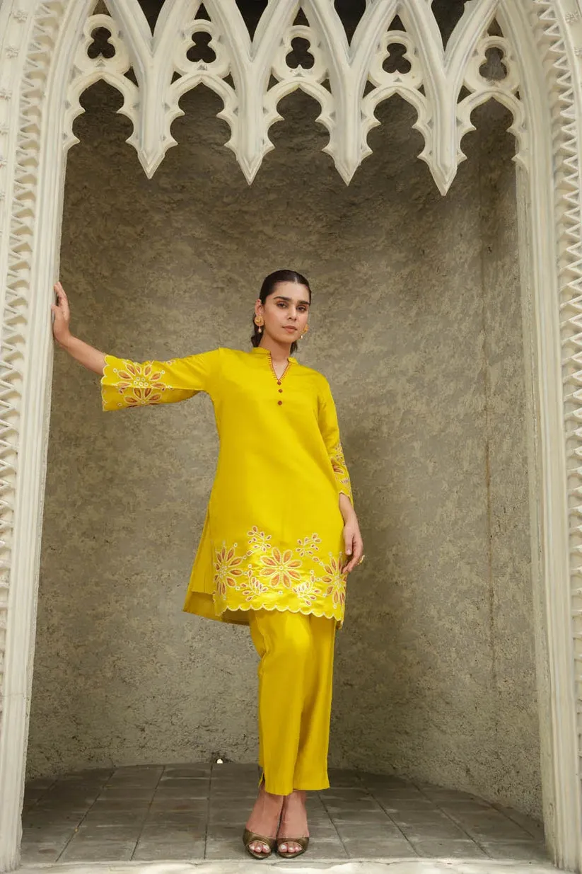 YELLOW SILK EMBROIDERED CO-ORD SET