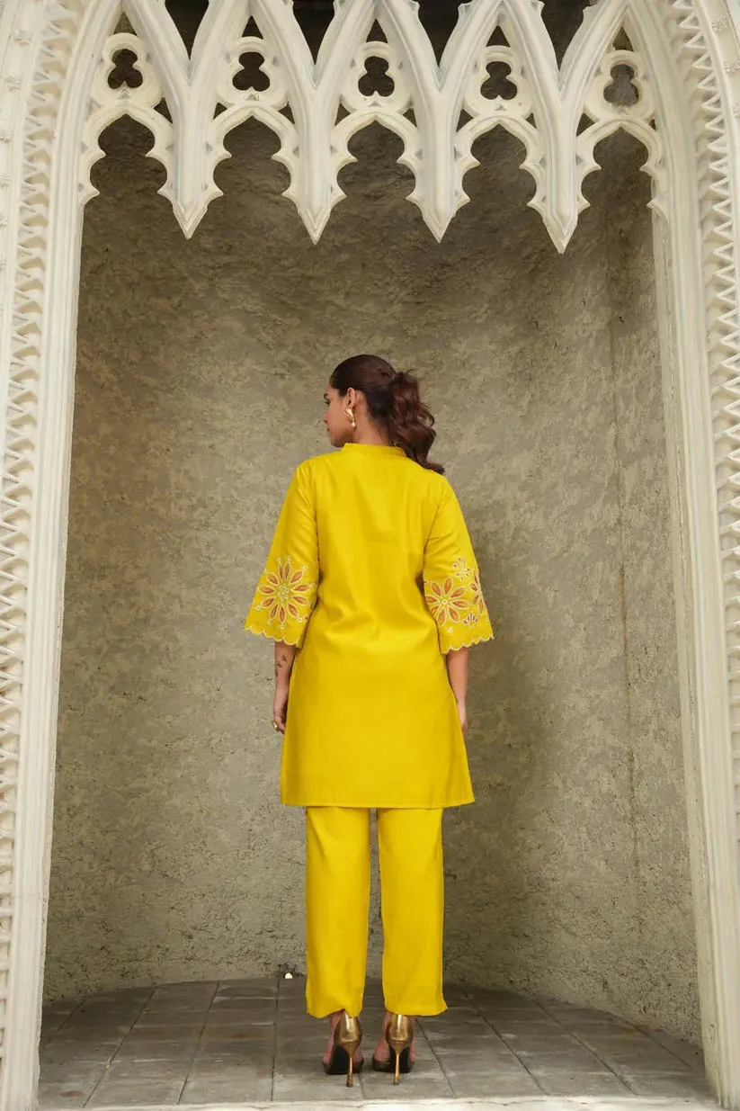 YELLOW SILK EMBROIDERED CO-ORD SET